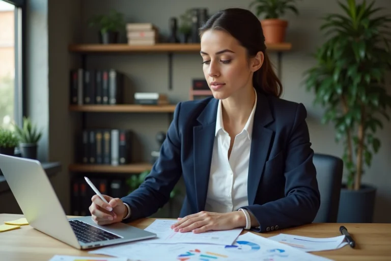 Femme professionnelle élaborant une stratégie marketing à son bureau avec documents imprimés et ordinateur portable