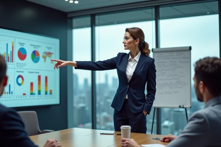 Femme d'affaires présentant une stratégie de segmentation de marché pour PME ambitieuses dans une salle de réunion moderne