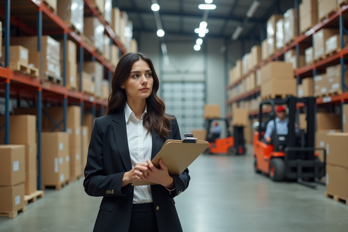 Jeune femme en blazer supervise un entrepôt industriel