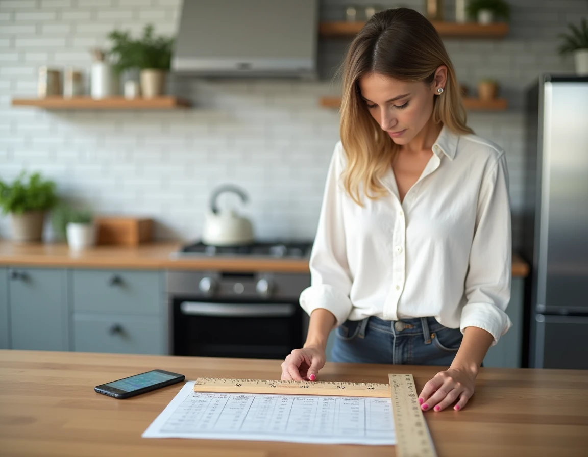 Femme consultant un tableau de conversion pouces en centimètres sur un comptoir de cuisine