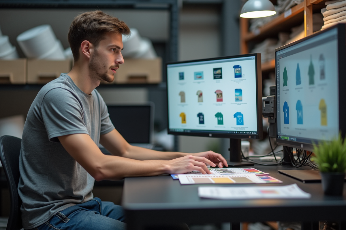 Jeune homme technicien en impression textile examine un écran
