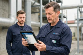Technicien terrain consultant l'application mobile Twimm sur tablette lors d'une intervention en milieu industriel