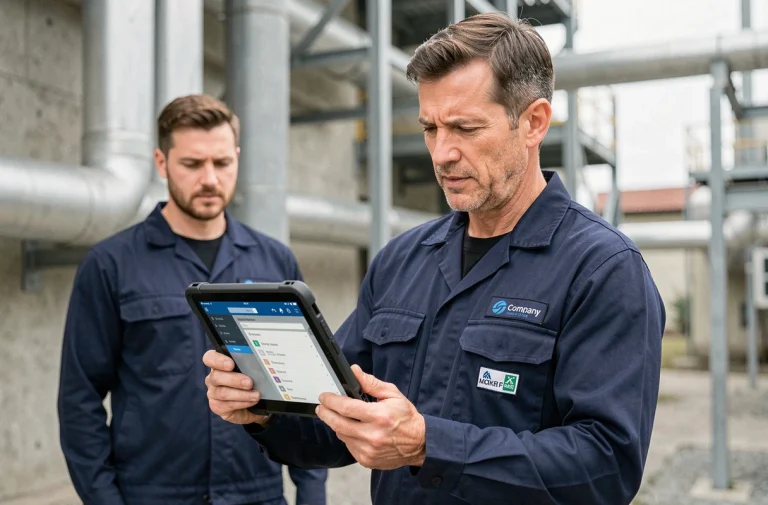 Technicien terrain consultant l'application mobile Twimm sur tablette lors d'une intervention en milieu industriel