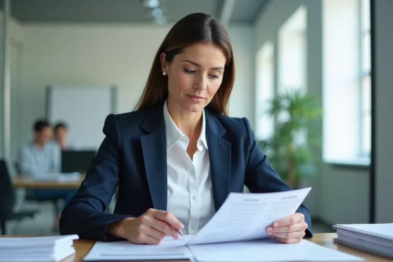 Femme professionnelle examinant des documents officiels français et leur traduction anglaise dans un bureau moderne