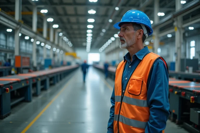 Chaîne de production automatisée dans une usine de fabrication de jouets Playmobil, avec convoyeurs et machines industrielles