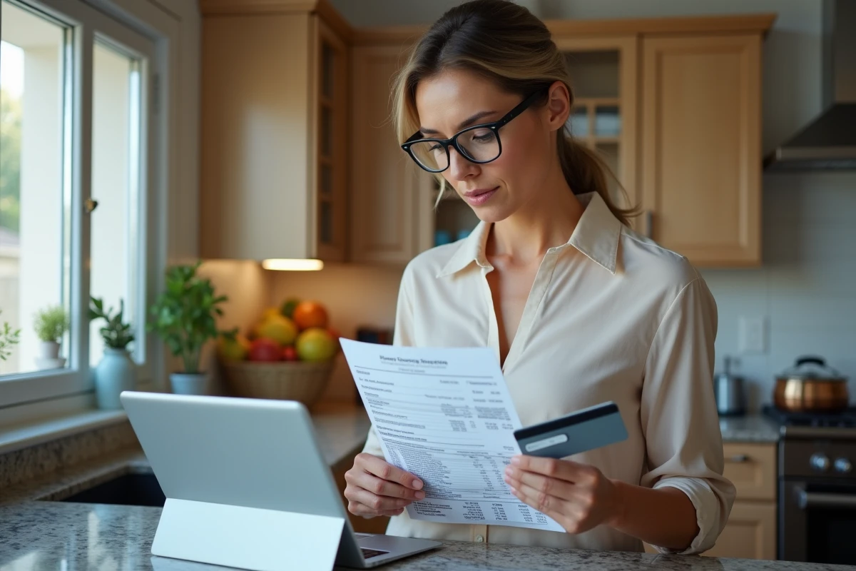 Femme comparant sa carte de crédit et son relevé papier pour identifier un débit frauduleux de Shein ou Infinite Remit Services Co