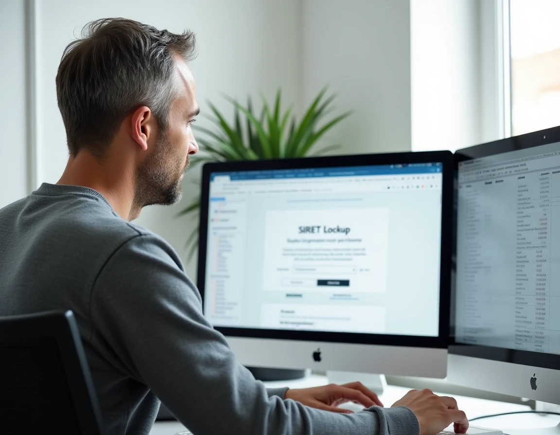 Entrepreneur vérifiant un numéro SIRET en ligne depuis son bureau à domicile