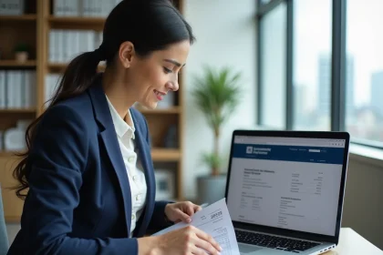 Femme d'affaires vérifiant un numéro SIRET sur une facture dans un bureau moderne