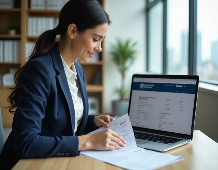 Femme d'affaires vérifiant un numéro SIRET sur une facture dans un bureau moderne